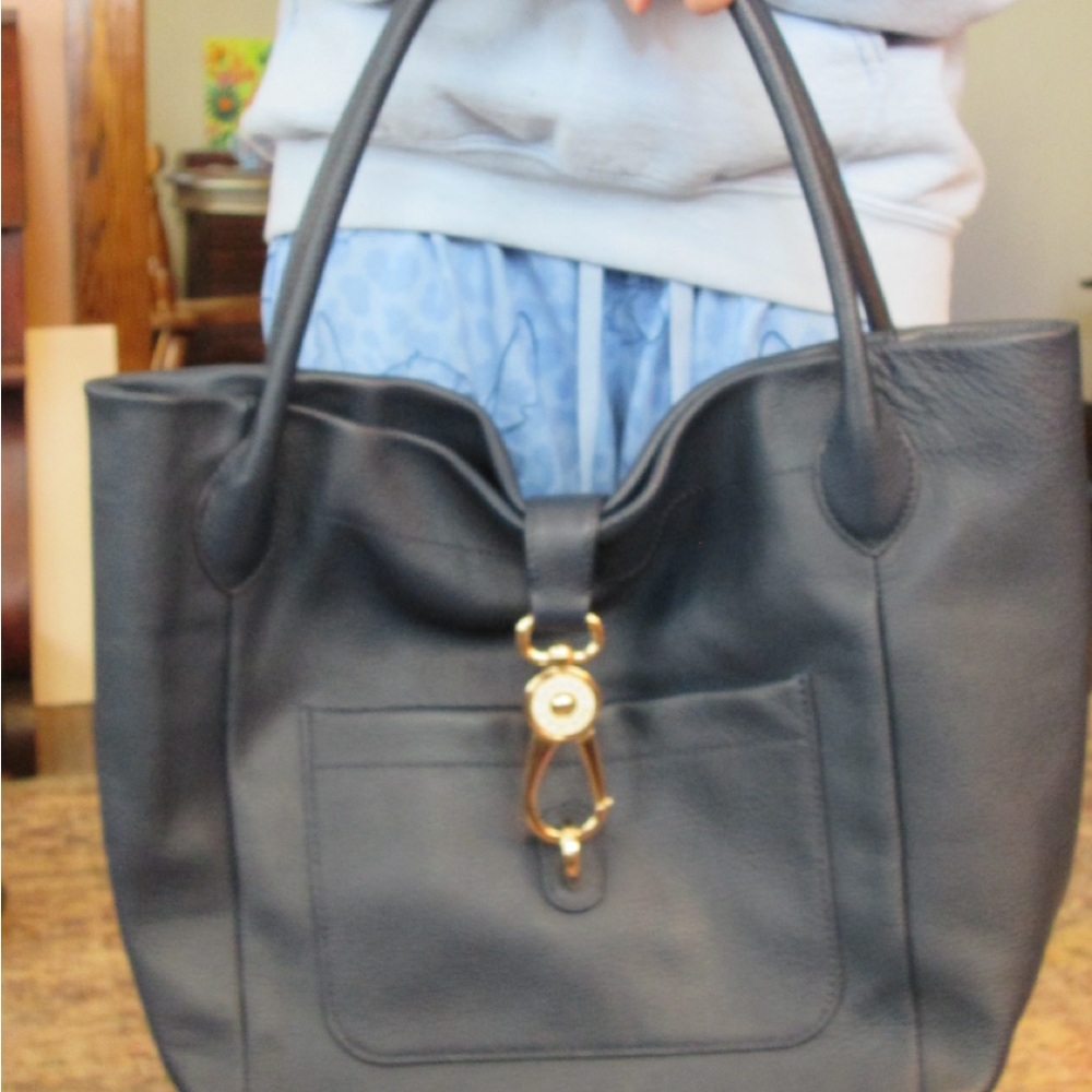 Dooney & Bourke Blue Leather Tote with Gold Reversible Logo Clasp